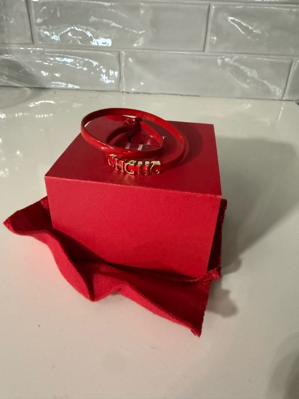 Carolina Herrera Red Leather Bangle Bracelet with Gold Accents - Women Jewelry